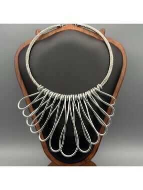 Silver Tone Cable Wire Loop Fringe Statement Choker Necklace Modern Sculptural